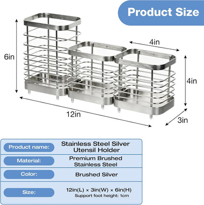 Utensil Holder, Stainless Steel Utensil Drying Rack for Kitchen Counter | Sturdy, Drain Hole, Silverware, Cutlery, Flatware, Forks, Knives, Spoons, Chopsticks, Organizer