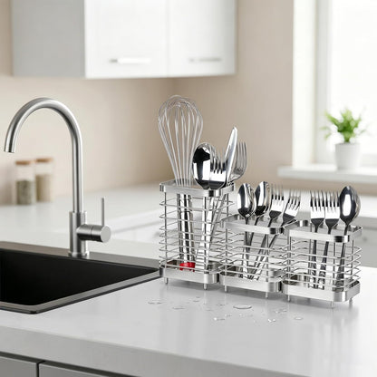 Utensil Holder, Stainless Steel Utensil Drying Rack for Kitchen Counter | Sturdy, Drain Hole, Silverware, Cutlery, Flatware, Forks, Knives, Spoons, Chopsticks, Organizer