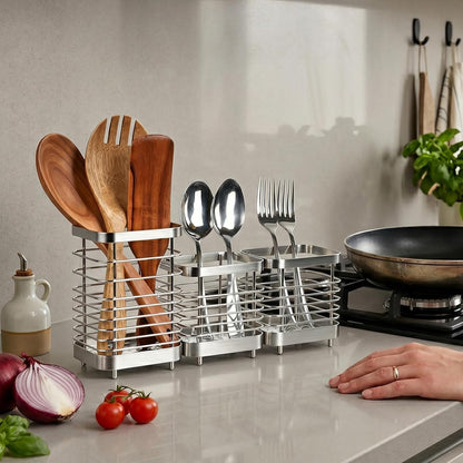 Utensil Holder, Stainless Steel Utensil Drying Rack for Kitchen Counter | Sturdy, Drain Hole, Silverware, Cutlery, Flatware, Forks, Knives, Spoons, Chopsticks, Organizer