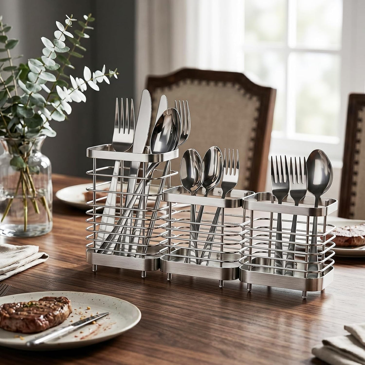 Utensil Holder, Stainless Steel Utensil Drying Rack for Kitchen Counter | Sturdy, Drain Hole, Silverware, Cutlery, Flatware, Forks, Knives, Spoons, Chopsticks, Organizer
