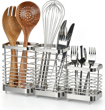 Utensil Holder, Stainless Steel Utensil Drying Rack for Kitchen Counter | Sturdy, Drain Hole, Silverware, Cutlery, Flatware, Forks, Knives, Spoons, Chopsticks, Organizer