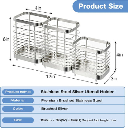 Utensil Holder, Stainless Steel Utensil Drying Rack for Kitchen Counter | Sturdy, Drain Hole, Silverware, Cutlery, Flatware, Forks, Knives, Spoons, Chopsticks, Organizer