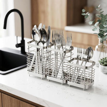 Utensil Holder, Stainless Steel Utensil Drying Rack for Kitchen Counter | Sturdy, Drain Hole, Silverware, Cutlery, Flatware, Forks, Knives, Spoons, Chopsticks, Organizer