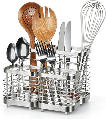 Utensil Holder, Stainless Steel Utensil Drying Rack for Kitchen Counter | Sturdy, Drain Hole, Silverware, Cutlery, Flatware, Forks, Knives, Spoons, Chopsticks, Organizer