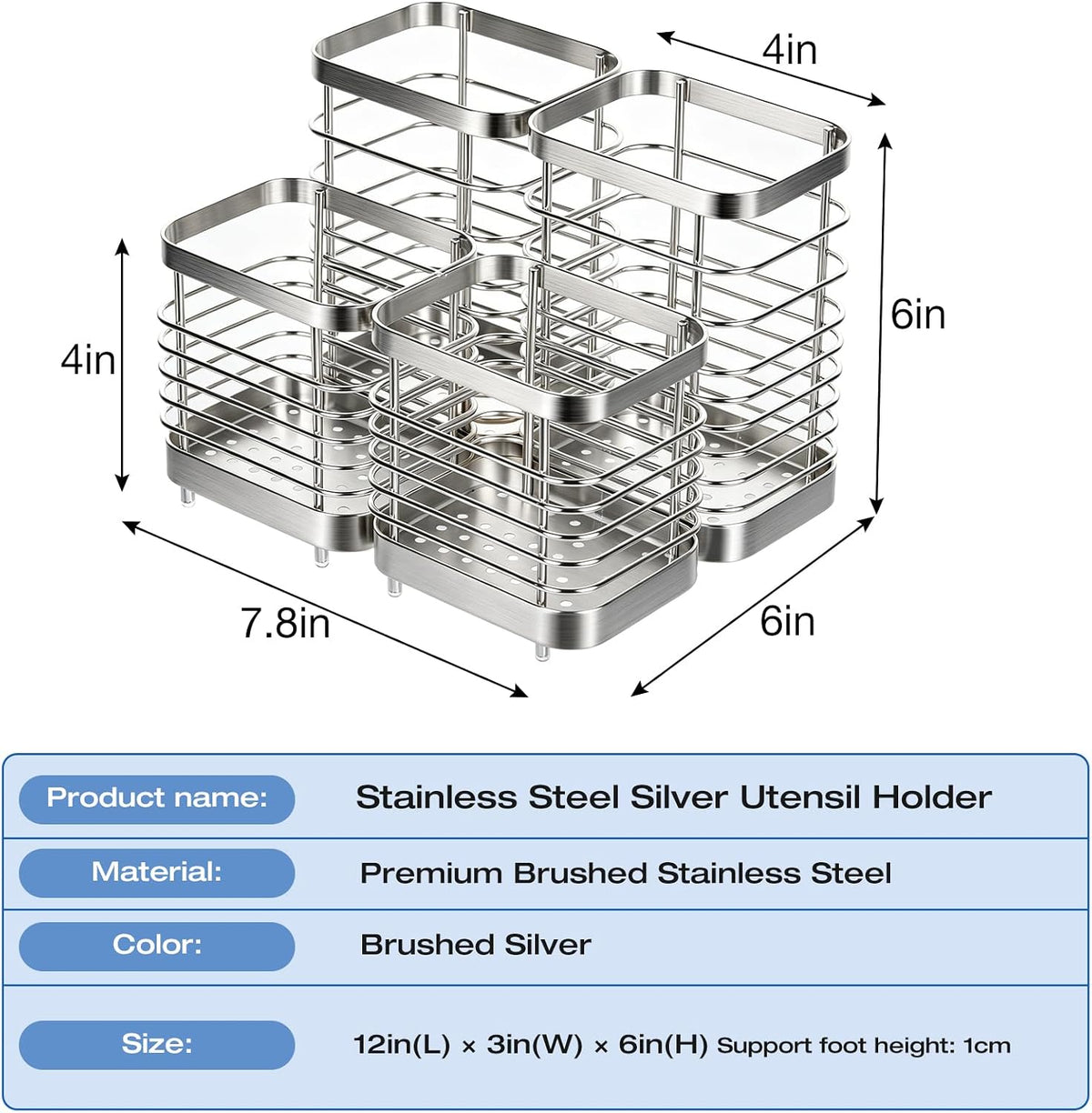 Utensil Holder, Stainless Steel Utensil Drying Rack for Kitchen Counter | Sturdy, Drain Hole, Silverware, Cutlery, Flatware, Forks, Knives, Spoons, Chopsticks, Organizer