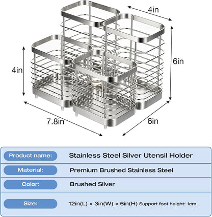 Utensil Holder, Stainless Steel Utensil Drying Rack for Kitchen Counter | Sturdy, Drain Hole, Silverware, Cutlery, Flatware, Forks, Knives, Spoons, Chopsticks, Organizer