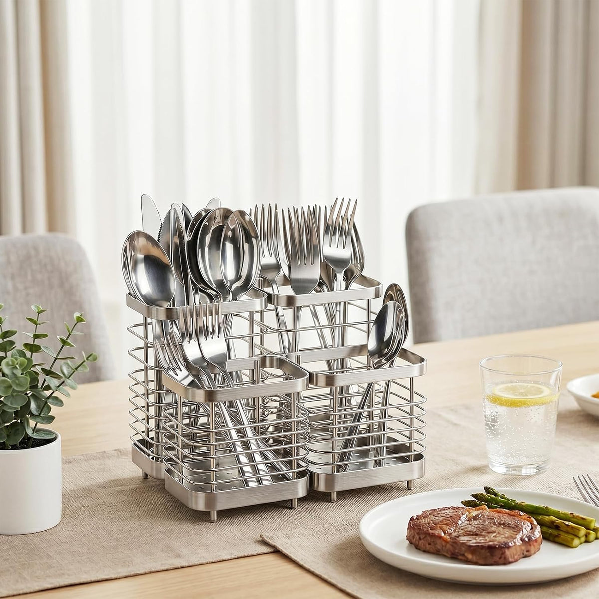 Utensil Holder, Stainless Steel Utensil Drying Rack for Kitchen Counter | Sturdy, Drain Hole, Silverware, Cutlery, Flatware, Forks, Knives, Spoons, Chopsticks, Organizer