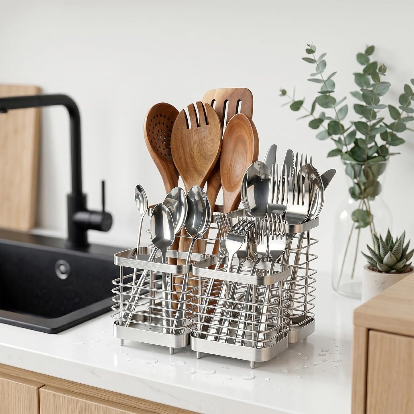 Utensil Holder, Stainless Steel Utensil Drying Rack for Kitchen Counter | Sturdy, Drain Hole, Silverware, Cutlery, Flatware, Forks, Knives, Spoons, Chopsticks, Organizer
