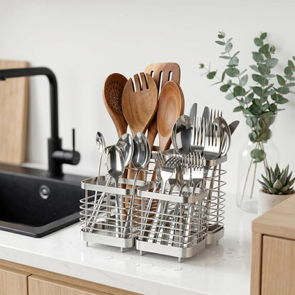 Utensil Holder, Stainless Steel Utensil Drying Rack for Kitchen Counter | Sturdy, Drain Hole, Silverware, Cutlery, Flatware, Forks, Knives, Spoons, Chopsticks, Organizer