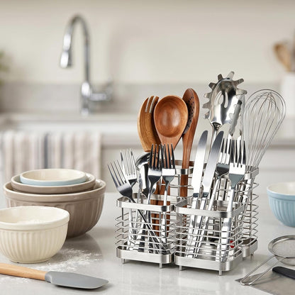 Utensil Holder, Stainless Steel Utensil Drying Rack for Kitchen Counter | Sturdy, Drain Hole, Silverware, Cutlery, Flatware, Forks, Knives, Spoons, Chopsticks, Organizer