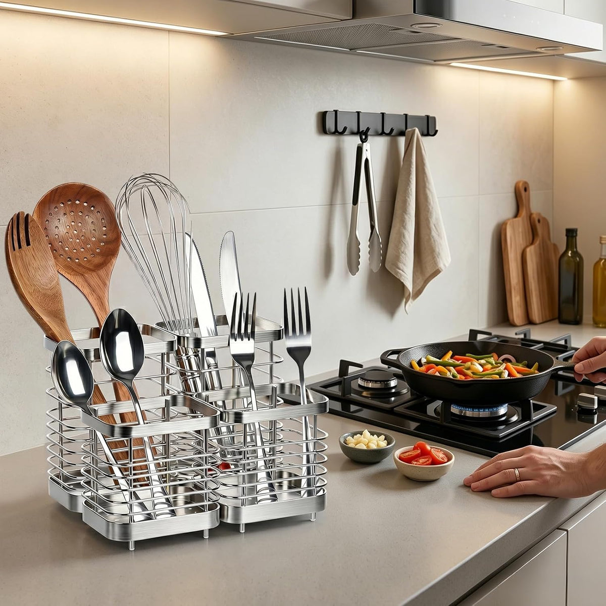 Utensil Holder, Stainless Steel Utensil Drying Rack for Kitchen Counter | Sturdy, Drain Hole, Silverware, Cutlery, Flatware, Forks, Knives, Spoons, Chopsticks, Organizer