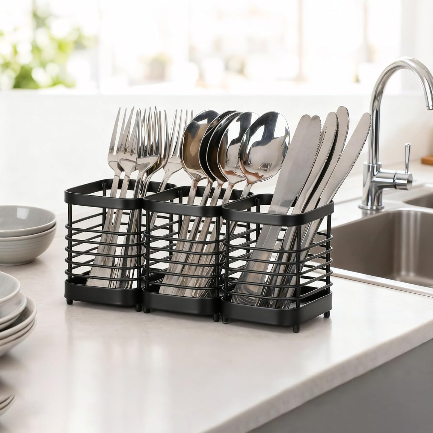 Utensil Holder, Stainless Steel Utensil Drying Rack for Kitchen Counter | Sturdy, Drain Hole, Silverware, Cutlery, Flatware, Forks, Knives, Spoons, Chopsticks, Organizer