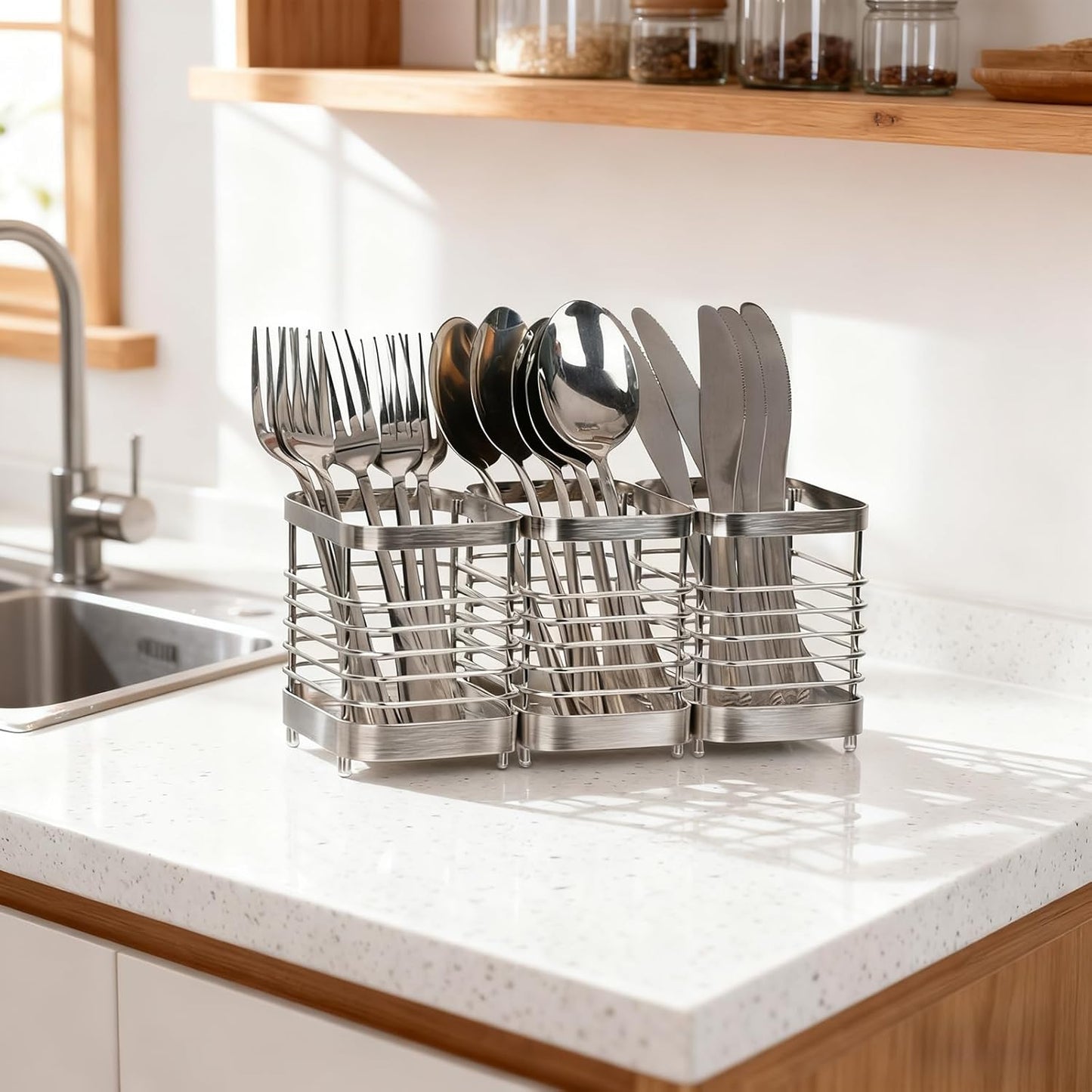 Utensil Holder, Stainless Steel Utensil Drying Rack for Kitchen Counter | Sturdy, Drain Hole, Silverware, Cutlery, Flatware, Forks, Knives, Spoons, Chopsticks, Organizer