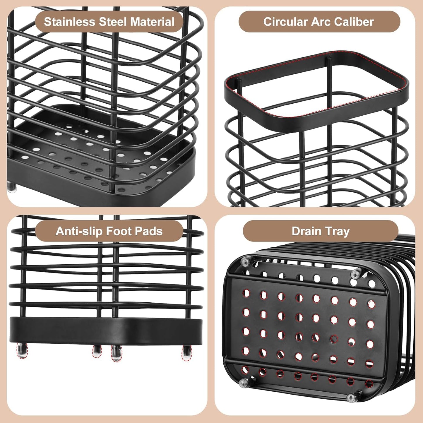 Utensil Holder, Stainless Steel Utensil Drying Rack for Kitchen Counter | Sturdy, Drain Hole, Silverware, Cutlery, Flatware, Forks, Knives, Spoons, Chopsticks, Organizer