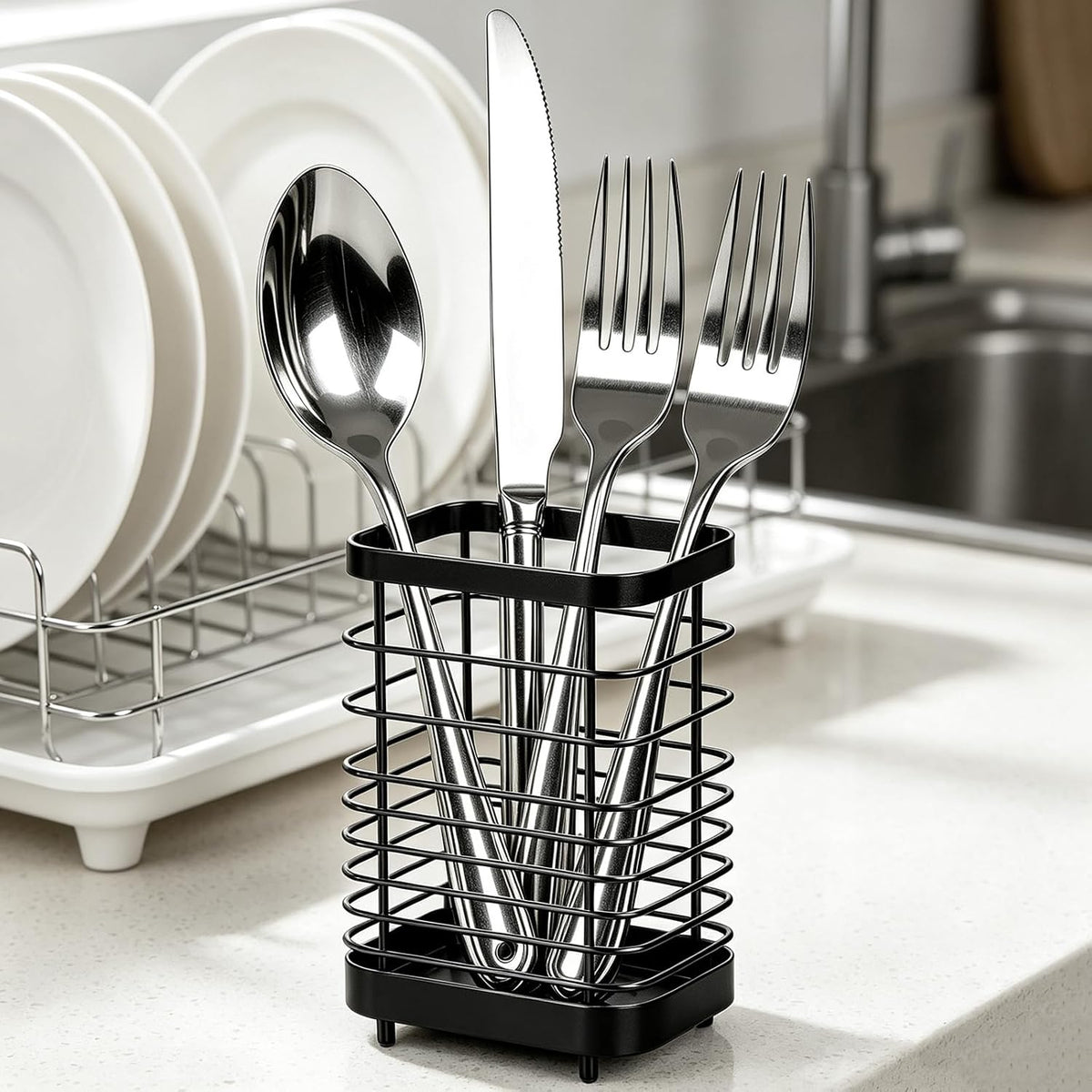 Utensil Holder, Stainless Steel Utensil Drying Rack for Kitchen Counter | Sturdy, Drain Hole, Silverware, Cutlery, Flatware, Forks, Knives, Spoons, Chopsticks, Organizer