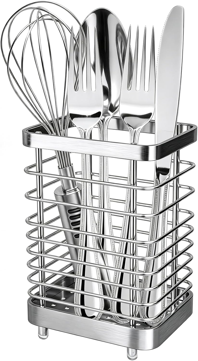 Utensil Holder, Stainless Steel Utensil Drying Rack for Kitchen Counter | Sturdy, Drain Hole, Silverware, Cutlery, Flatware, Forks, Knives, Spoons, Chopsticks, Organizer