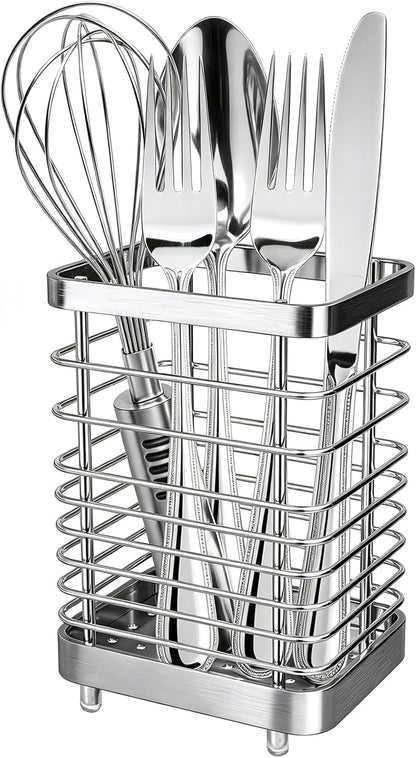 Utensil Holder, Stainless Steel Utensil Drying Rack for Kitchen Counter | Sturdy, Drain Hole, Silverware, Cutlery, Flatware, Forks, Knives, Spoons, Chopsticks, Organizer