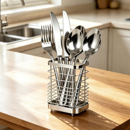 Utensil Holder, Stainless Steel Utensil Drying Rack for Kitchen Counter | Sturdy, Drain Hole, Silverware, Cutlery, Flatware, Forks, Knives, Spoons, Chopsticks, Organizer