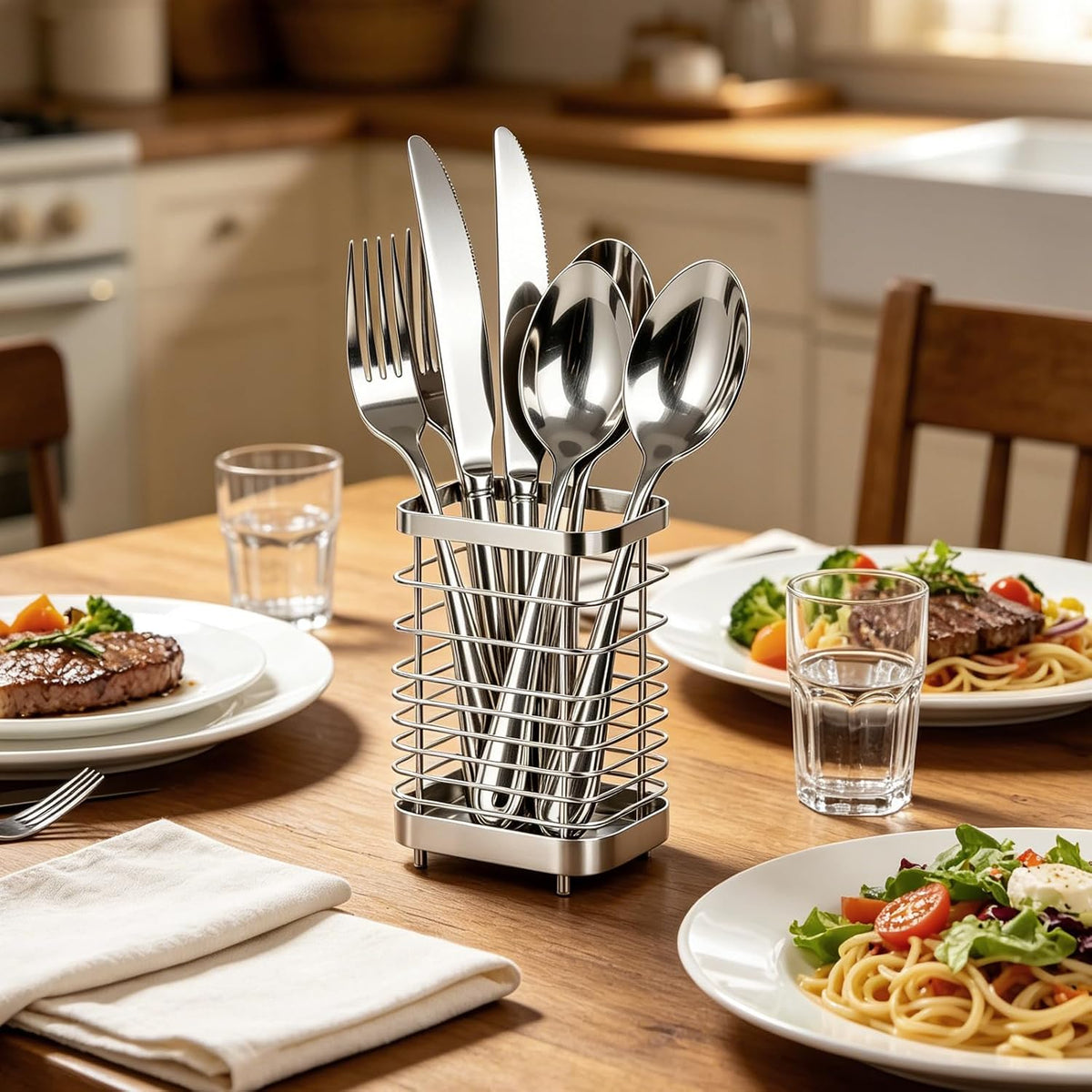Utensil Holder, Stainless Steel Utensil Drying Rack for Kitchen Counter | Sturdy, Drain Hole, Silverware, Cutlery, Flatware, Forks, Knives, Spoons, Chopsticks, Organizer