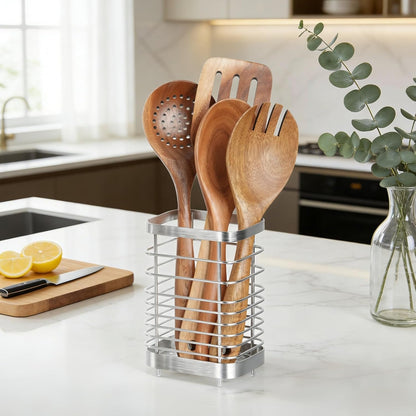 Utensil Holder, Stainless Steel Utensil Drying Rack for Kitchen Counter | Sturdy, Drain Hole, Silverware, Cutlery, Flatware, Forks, Knives, Spoons, Chopsticks, Organizer