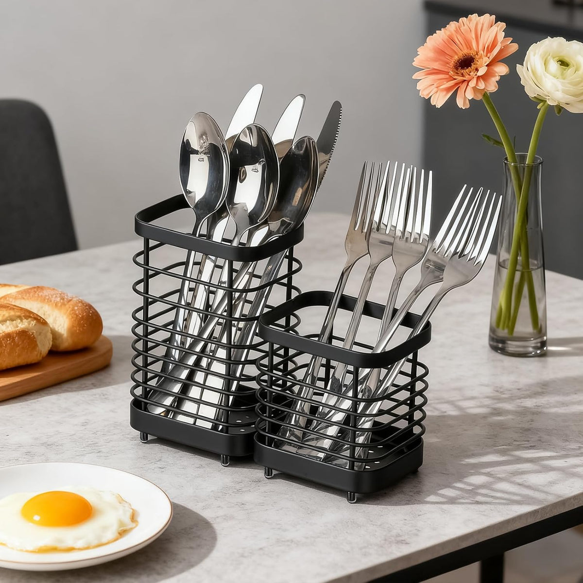 Utensil Holder, Stainless Steel Utensil Drying Rack for Kitchen Counter | Sturdy, Drain Hole, Silverware, Cutlery, Flatware, Forks, Knives, Spoons, Chopsticks, Organizer