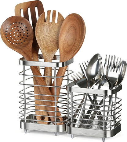 Utensil Holder, Stainless Steel Utensil Drying Rack for Kitchen Counter | Sturdy, Drain Hole, Silverware, Cutlery, Flatware, Forks, Knives, Spoons, Chopsticks, Organizer