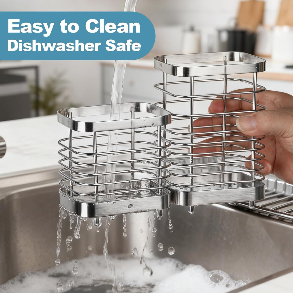 Utensil Holder, Stainless Steel Utensil Drying Rack for Kitchen Counter | Sturdy, Drain Hole, Silverware, Cutlery, Flatware, Forks, Knives, Spoons, Chopsticks, Organizer