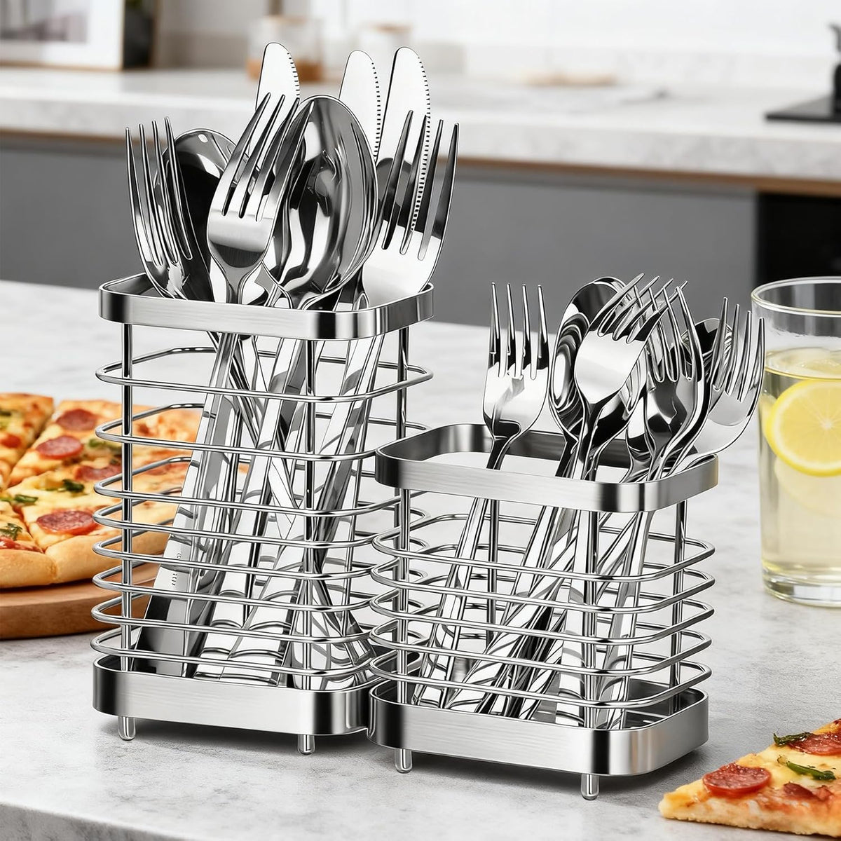 Utensil Holder, Stainless Steel Utensil Drying Rack for Kitchen Counter | Sturdy, Drain Hole, Silverware, Cutlery, Flatware, Forks, Knives, Spoons, Chopsticks, Organizer