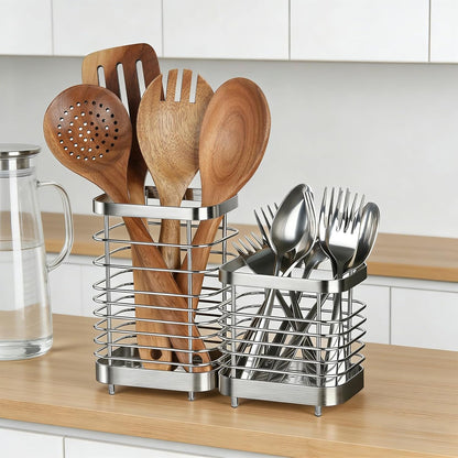 Utensil Holder, Stainless Steel Utensil Drying Rack for Kitchen Counter | Sturdy, Drain Hole, Silverware, Cutlery, Flatware, Forks, Knives, Spoons, Chopsticks, Organizer