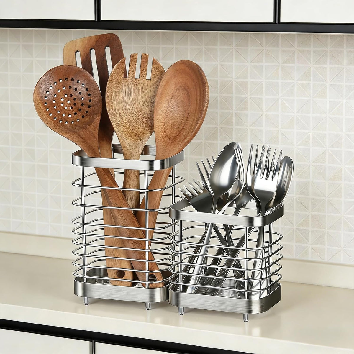 Utensil Holder, Stainless Steel Utensil Drying Rack for Kitchen Counter | Sturdy, Drain Hole, Silverware, Cutlery, Flatware, Forks, Knives, Spoons, Chopsticks, Organizer