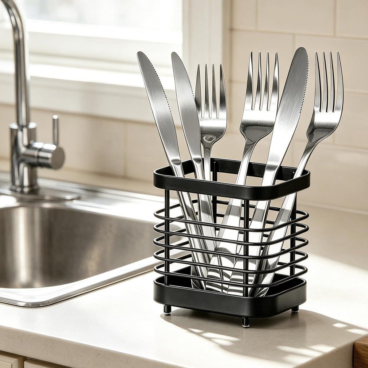 Utensil Holder, Stainless Steel Utensil Drying Rack for Kitchen Counter | Sturdy, Drain Hole, Silverware, Cutlery, Flatware, Forks, Knives, Spoons, Chopsticks, Organizer