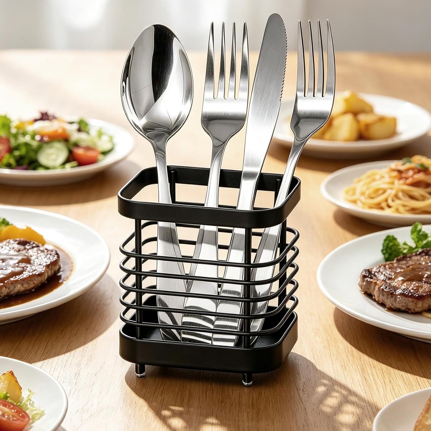 Utensil Holder, Stainless Steel Utensil Drying Rack for Kitchen Counter | Sturdy, Drain Hole, Silverware, Cutlery, Flatware, Forks, Knives, Spoons, Chopsticks, Organizer