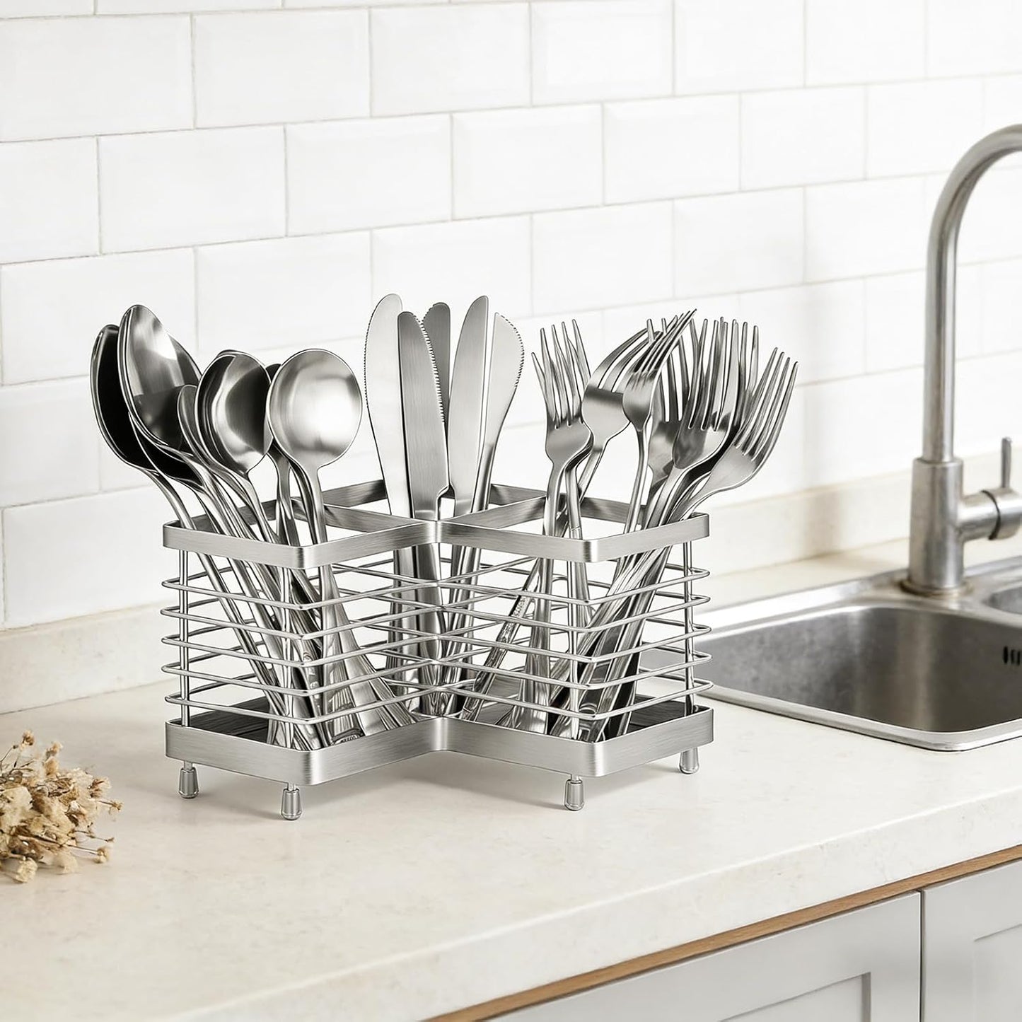 Utensil Holder, Stainless Steel Utensil Drying Rack for Kitchen Counter | Sturdy, Drain Hole, Silverware, Cutlery, Flatware, Forks, Knives, Spoons, Chopsticks, Organizer