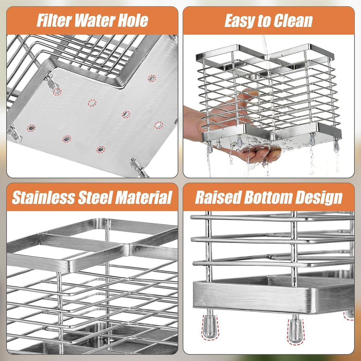 Utensil Holder, Stainless Steel Utensil Drying Rack for Kitchen Counter | Sturdy, Drain Hole, Silverware, Cutlery, Flatware, Forks, Knives, Spoons, Chopsticks, Organizer