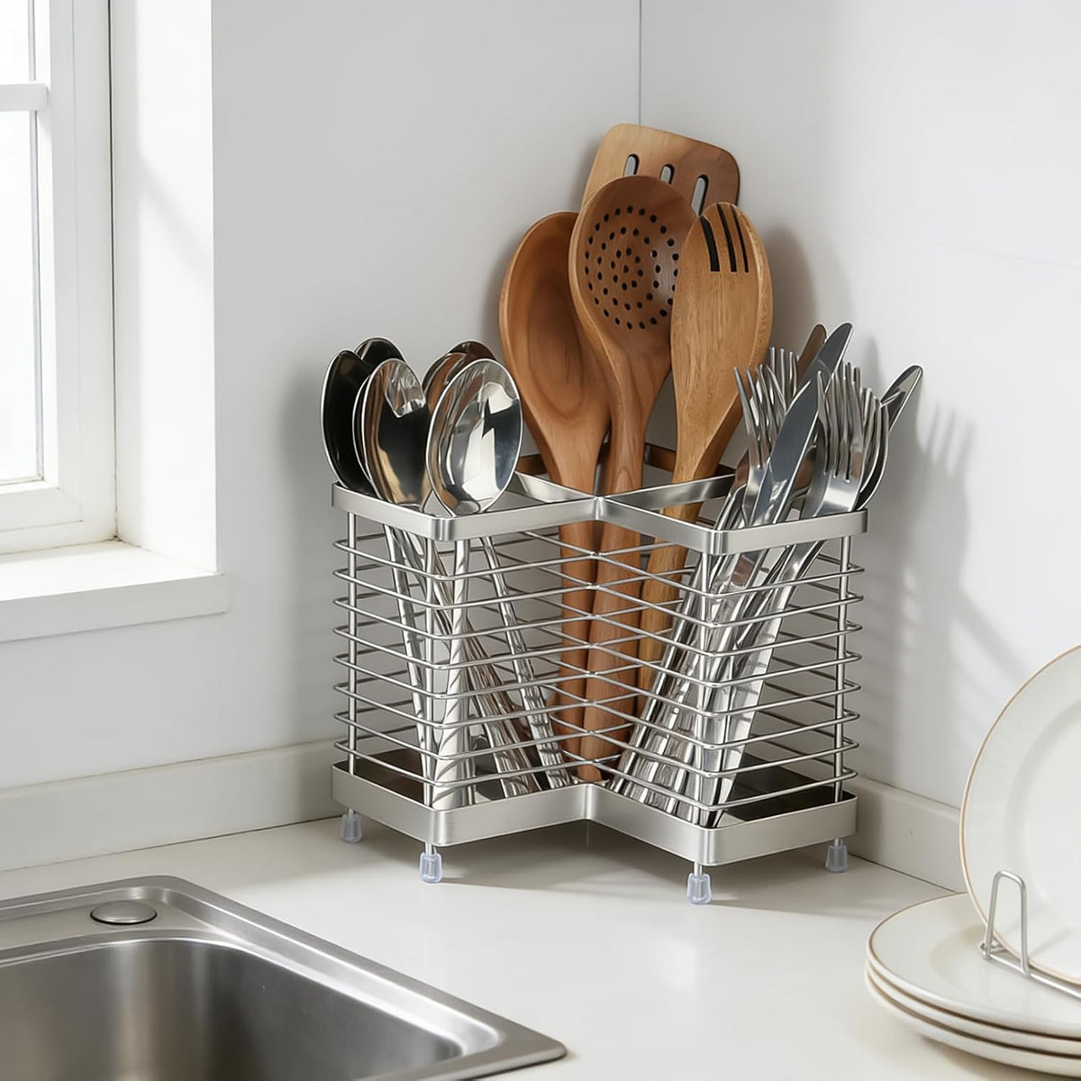 Utensil Holder, Stainless Steel Utensil Drying Rack for Kitchen Counter | Sturdy, Drain Hole, Silverware, Cutlery, Flatware, Forks, Knives, Spoons, Chopsticks, Organizer