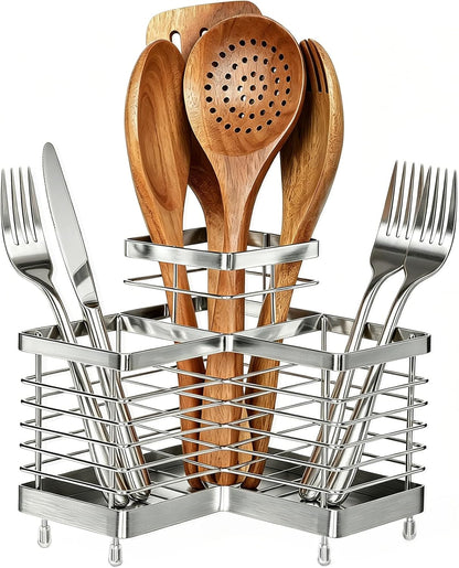 Utensil Holder, Stainless Steel Utensil Drying Rack for Kitchen Counter | Sturdy, Drain Hole, Silverware, Cutlery, Flatware, Forks, Knives, Spoons, Chopsticks, Organizer