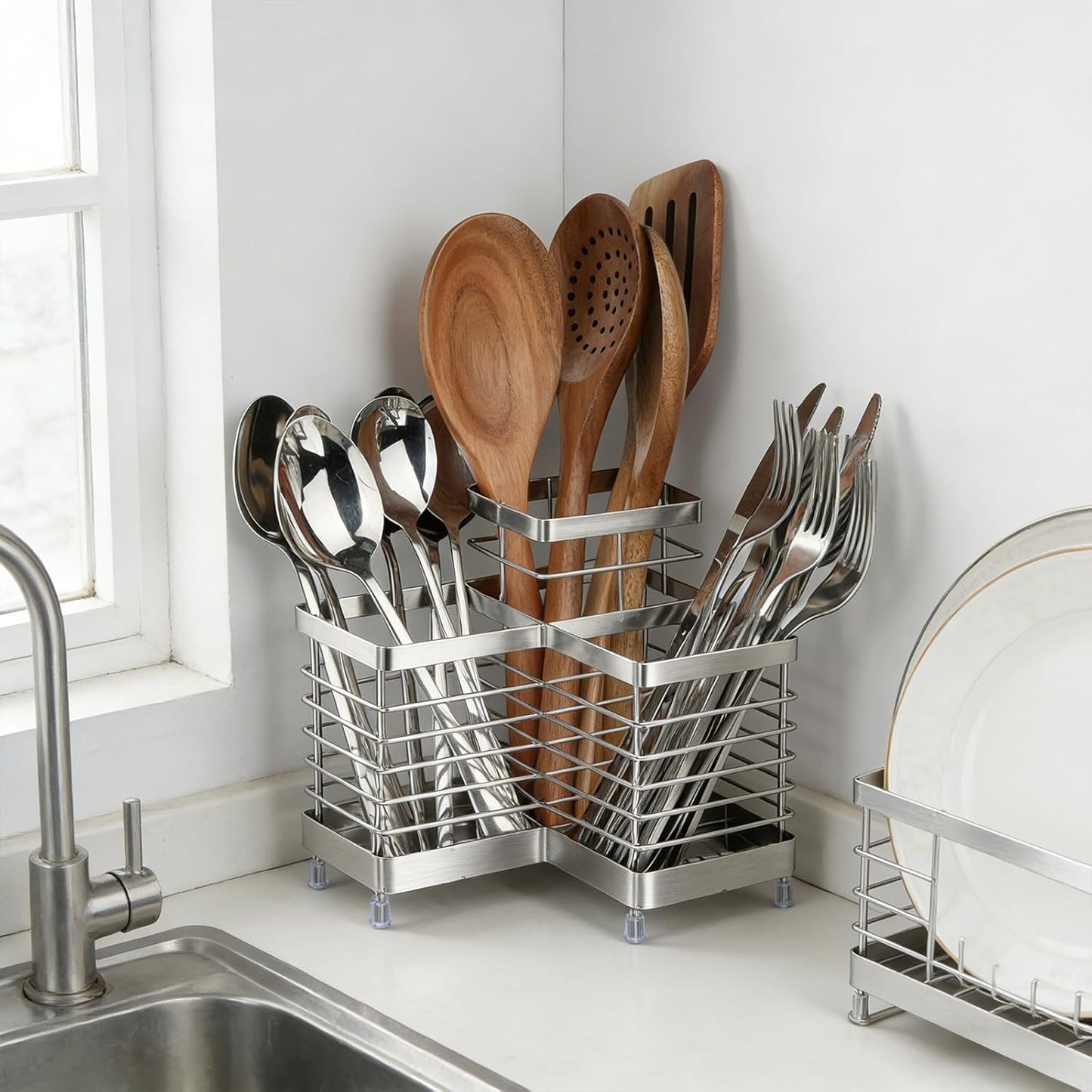 Utensil Holder, Stainless Steel Utensil Drying Rack for Kitchen Counter | Sturdy, Drain Hole, Silverware, Cutlery, Flatware, Forks, Knives, Spoons, Chopsticks, Organizer