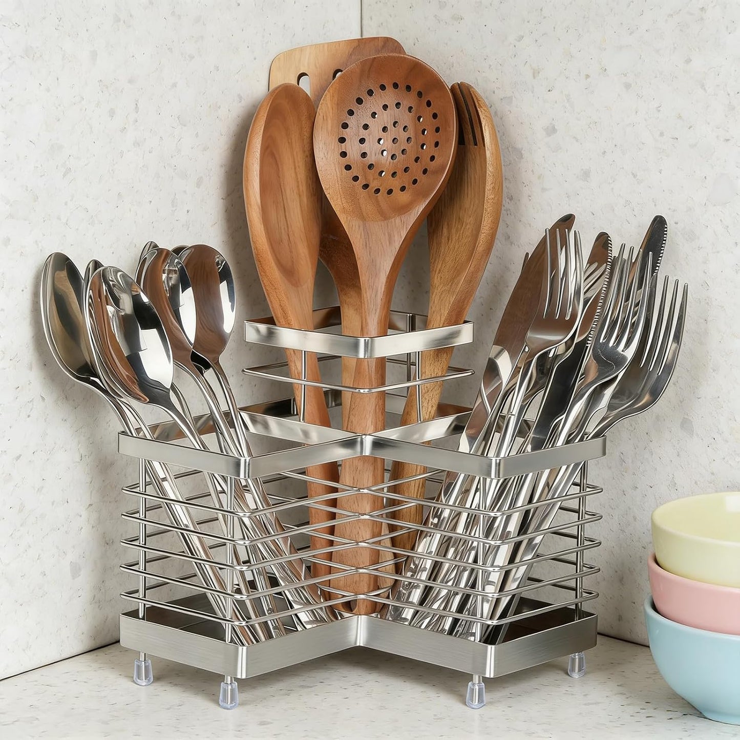 Utensil Holder, Stainless Steel Utensil Drying Rack for Kitchen Counter | Sturdy, Drain Hole, Silverware, Cutlery, Flatware, Forks, Knives, Spoons, Chopsticks, Organizer