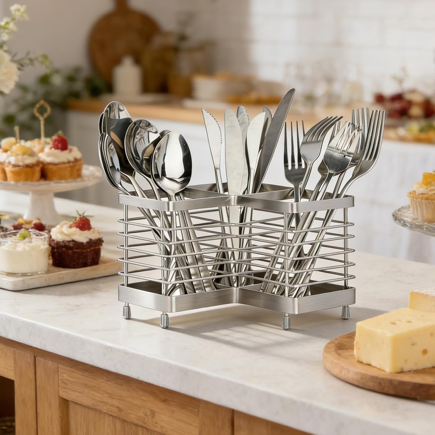 Utensil Holder, Stainless Steel Utensil Drying Rack for Kitchen Counter | Sturdy, Drain Hole, Silverware, Cutlery, Flatware, Forks, Knives, Spoons, Chopsticks, Organizer