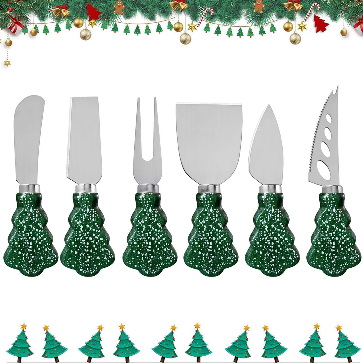 6-Piece Christmas Tree Design Cheese Knife Set, Charcuterie Board Accessories for Cheese Slicing and Butter Spreading