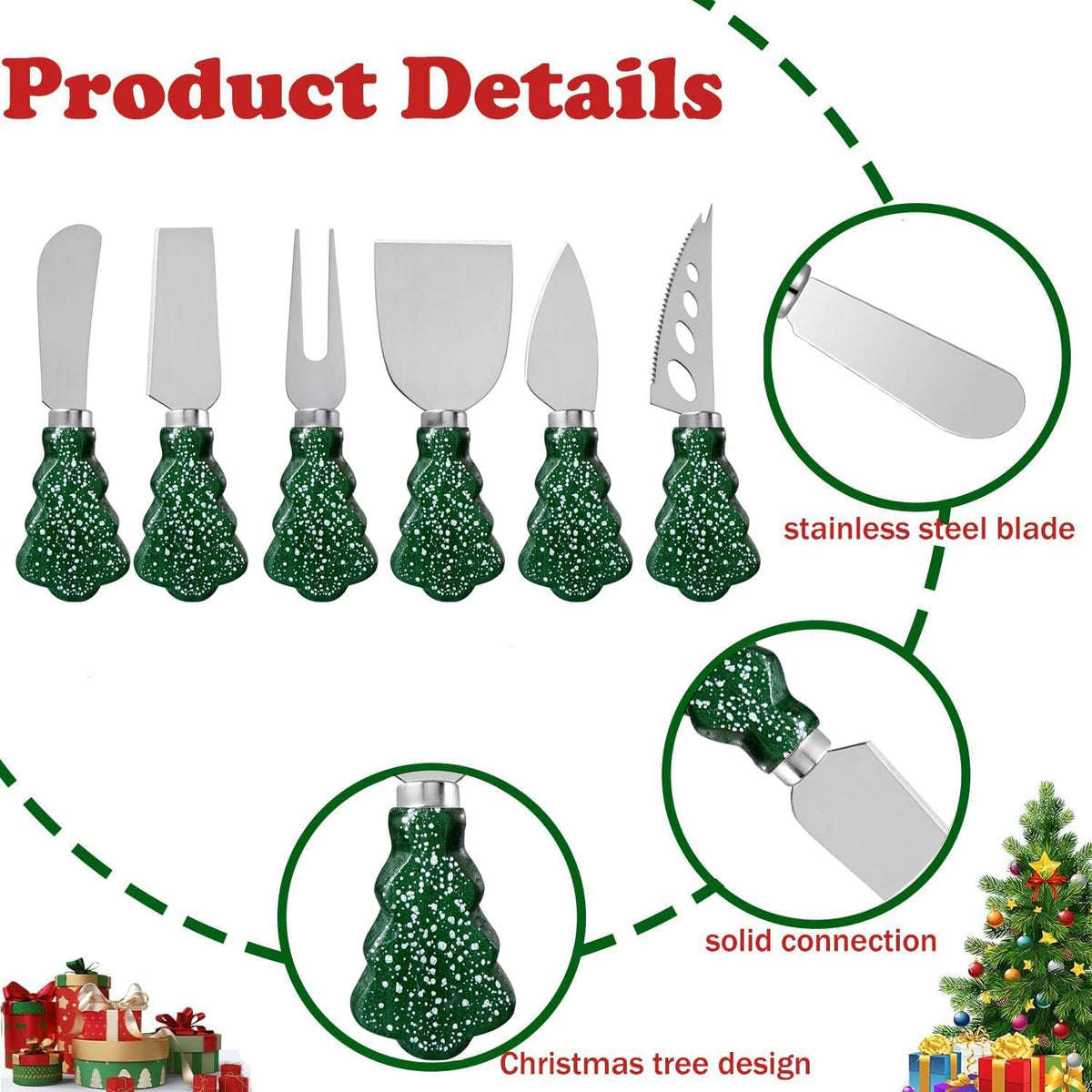 6-Piece Christmas Tree Design Cheese Knife Set, Charcuterie Board Accessories for Cheese Slicing and Butter Spreading