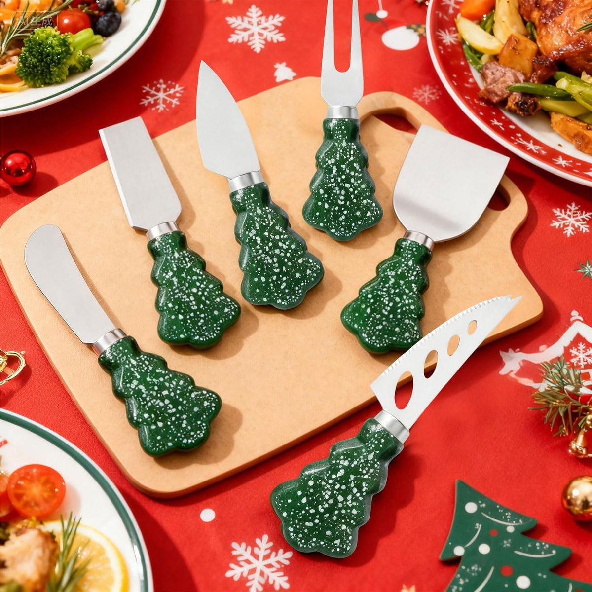 6-Piece Christmas Tree Design Cheese Knife Set, Charcuterie Board Accessories for Cheese Slicing and Butter Spreading