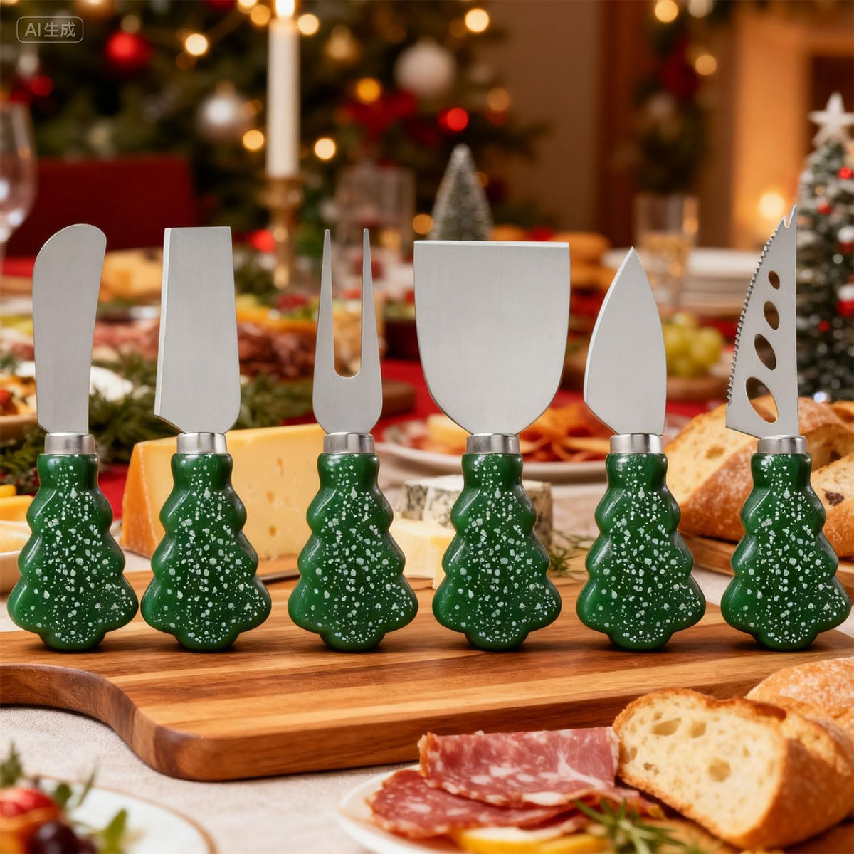6-Piece Christmas Tree Design Cheese Knife Set, Charcuterie Board Accessories for Cheese Slicing and Butter Spreading
