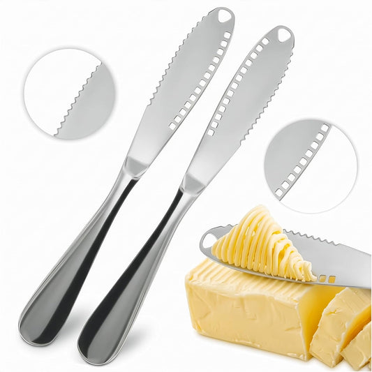 2 Pcs Butter Knife Spreader, 3 in 1, Stainless Steel | Butter Spreader Knife; Grater Blade and Holes; Non-Slip Grip; Dishwasher Safe; Spreads Cream Cheese and Jam