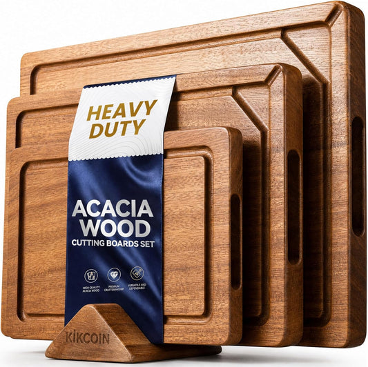 Acacia Wood Cutting Board Set of 3, Wooden Cutting Boards for Kitchen with Deep Juice Grooves, Butcher Block Wooden Chopping Board for Meat, Large Solid Charcuterie Boards Serving Tray