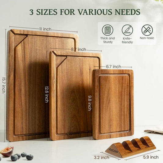 Acacia Wood Cutting Board Set of 3, Wooden Cutting Boards for Kitchen with Deep Juice Grooves, Butcher Block Wooden Chopping Board for Meat, Large Solid Charcuterie Boards Serving Tray