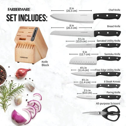 Edgekeeper Triple Rivet Block Set with Built in Knife Sharpener, 16-Piece, Black
