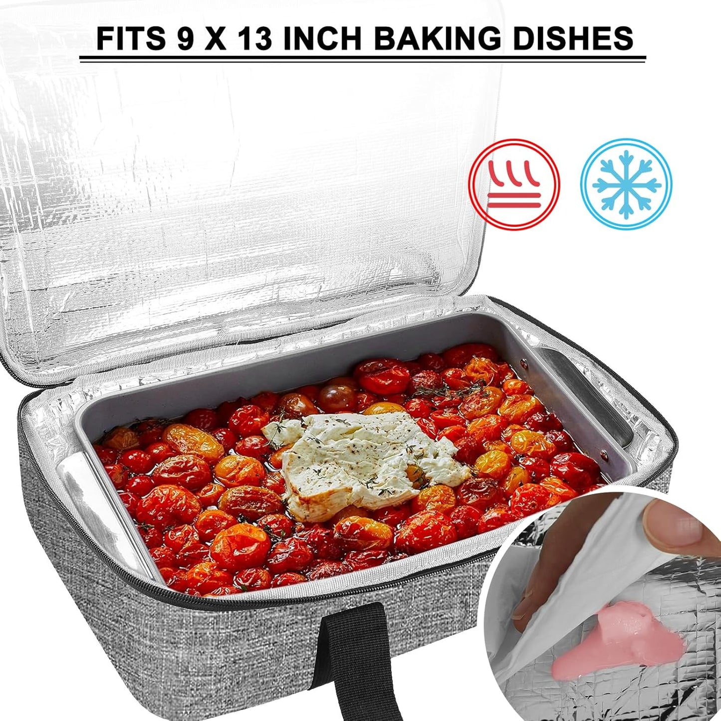 Insulated Casserole Carrier - Casserole Carriers for Hot or Cold Food - Lasagna Lugger Dish Carrier, Thermal Lunch Bag for Potluck Parties, Picnic, Travel, Fits 9" x 13" Baking Dish, Grey