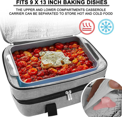 Insulated Casserole Carrier - Casserole Carriers for Hot or Cold Food - Lasagna Lugger Dish Carrier, Thermal Lunch Bag for Potluck Parties, Picnic, Travel, Fits 9" x 13" Baking Dish, Grey