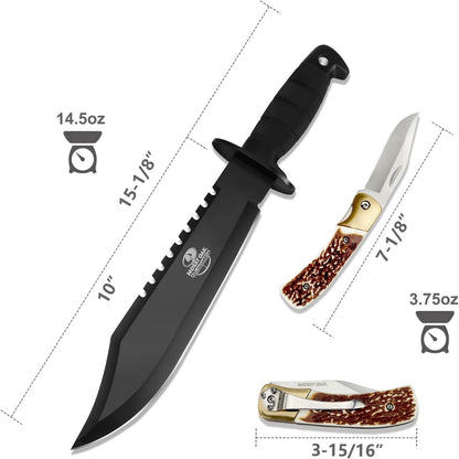 15-inch Survival Bowie Knife & Folding Pocket Knife | Fixed Blade Hunting Knife; Sheath, Sharpener & Fire Starter Inculded; Tactical Knife for Camping, Hunting, Outdoor